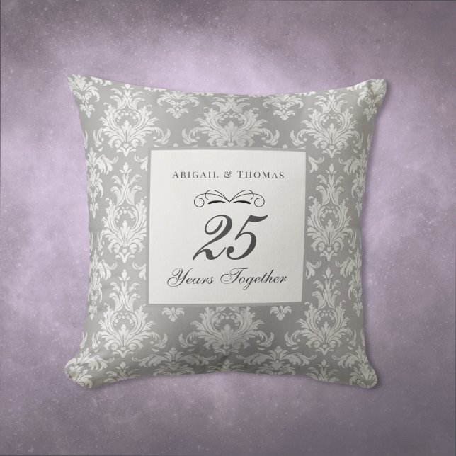 Silver Damask 25. Hochzeitstag Kissen (25th Wedding Anniversary Silver Damask Gift Throw Pillow)