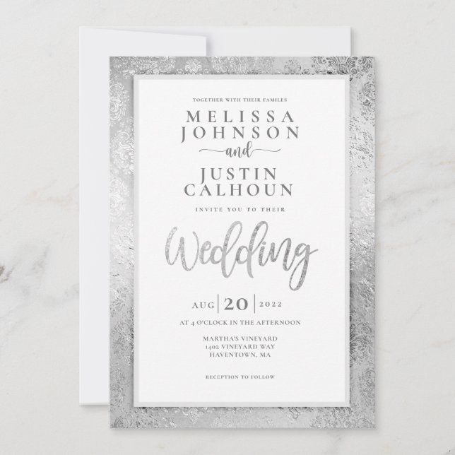 Silver Damask Blumenzwiebeleinladung Einladung (Vorderseite)