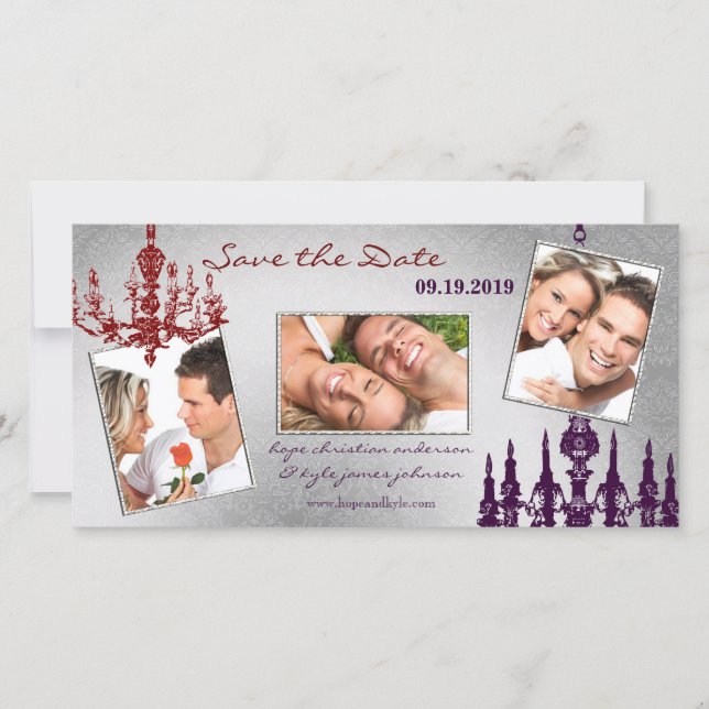 Silver Damask Chandelier Red & Plum Lila Save The Date (Vorderseite)