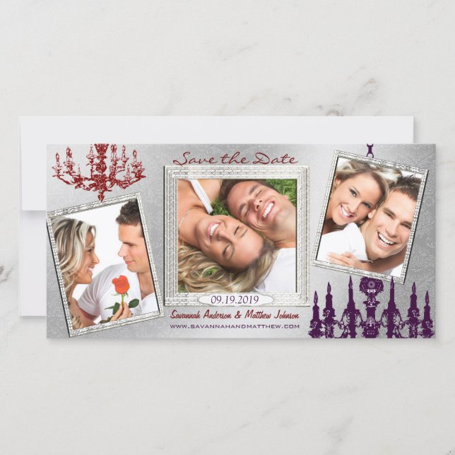 Silver Damask Chandelier Red & Plum Save the Date (Vorderseite)