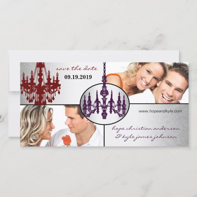 Silver Damask Chandelier Save the Date Foto (Vorderseite)