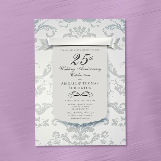 Silver Damask Einladung zum 25. Hochzeitstag (Silver Damask 25th Wedding Anniversary Invitation)