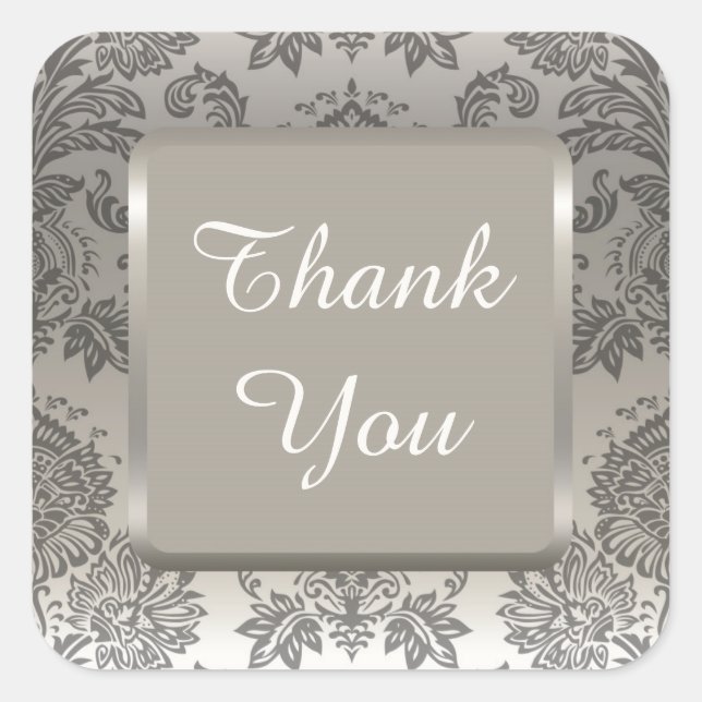 SILVER DAMASK Elegant Wedding Danke Stickers (Vorderseite)