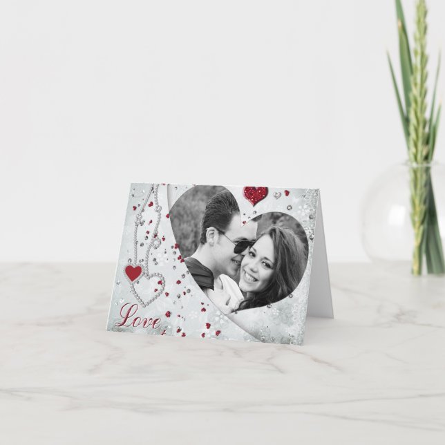 Silver Damask Foto Herz Notecard Feiertagskarte (Vorderseite)