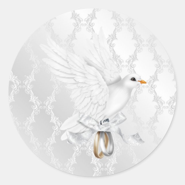 Silver Damask Hochzeitsticker mit Dove Runder Aufkleber (Vorderseite)