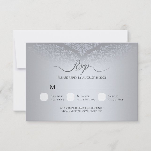 Silver Damask Hochzeitungs-UAWG-Karte RSVP Karte (Vorderseite)