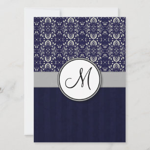Silver Damask on Blue with Stripes and Monogram Einladung