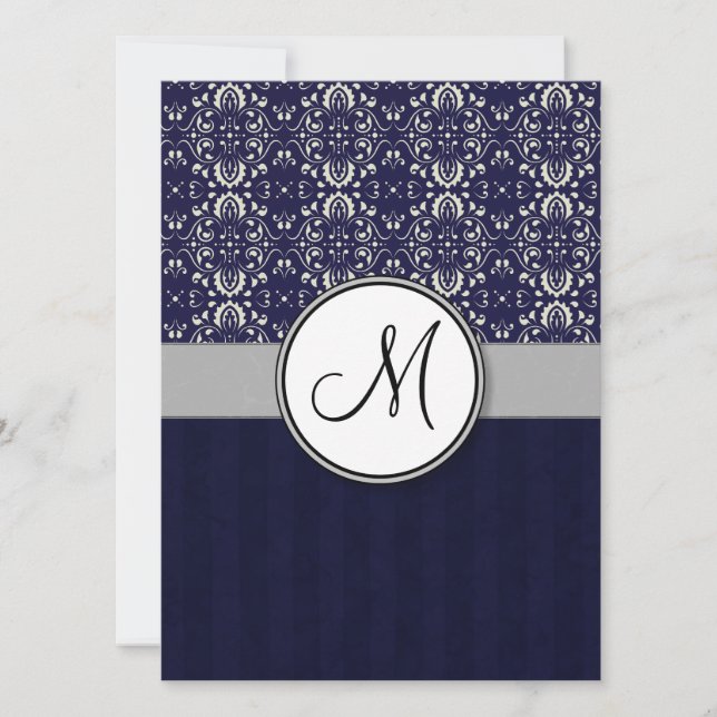 Silver Damask on Blue with Stripes and Monogram Einladung (Vorderseite)
