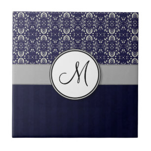Silver Damask on Blue with Stripes and Monogram Fliese