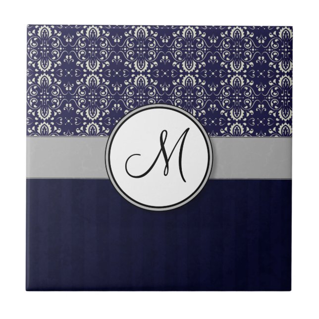 Silver Damask on Blue with Stripes and Monogram Fliese (Vorderseite)