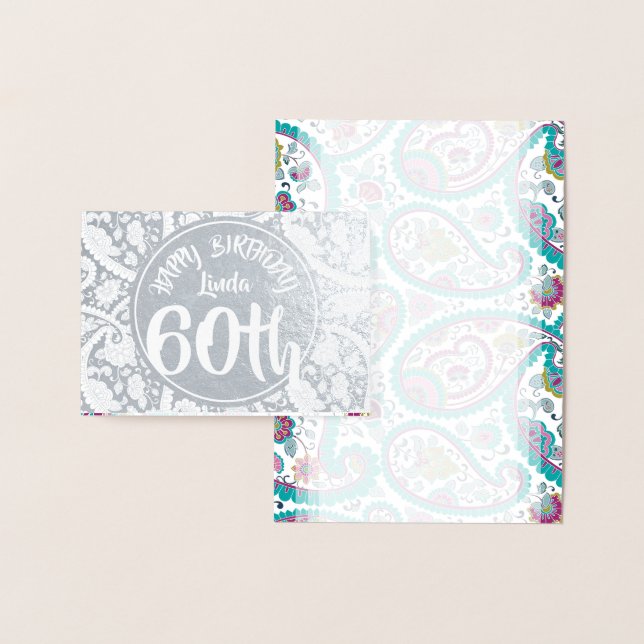 Silver Damask Paisley 60. Geburtstag personalisier Folienkarte (Anzeige)