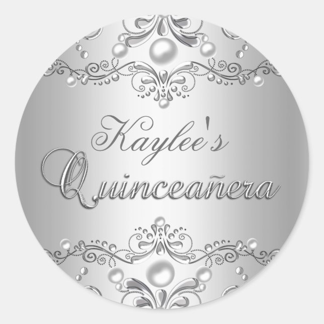 Silver Damask Pearl Quinceanera Sticker (Vorderseite)