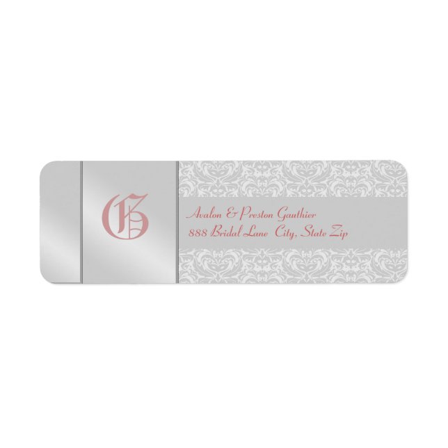 Silver Damask Pink Monogram Wedeladresse Label (Vorne)