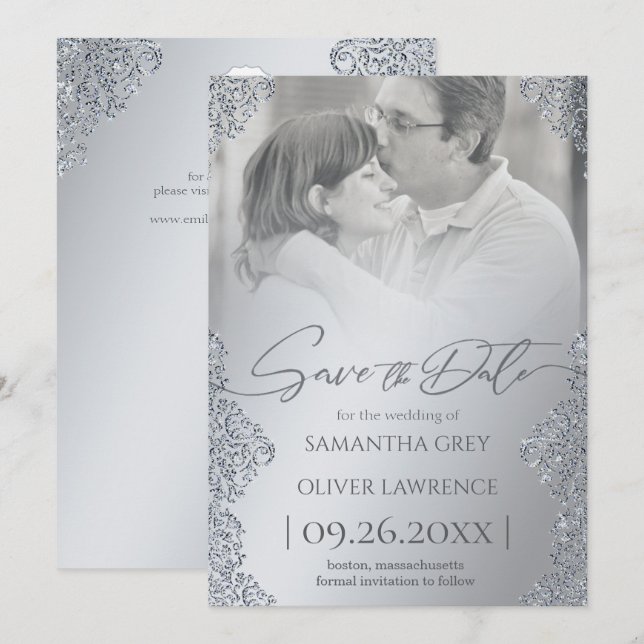 Silver Damask Save the Date Card mit Foto Dankeskarte (Vorne/Hinten)