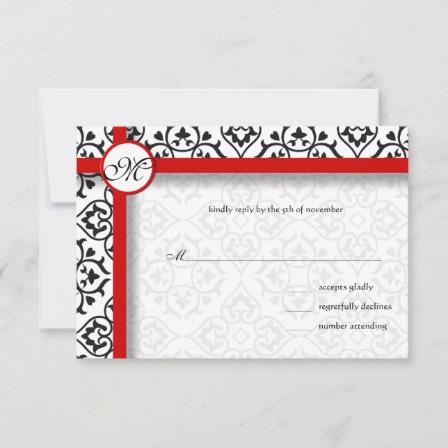 Silver Damask Side Borders Red Trim Wedding RSVP Karte (Vorderseite)