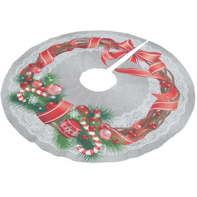 Silver Damask und Spitzen mit Weihnachtskranz Polyester Weihnachtsbaumdecke (Schrägansicht)