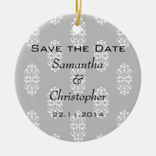 Silver Damask Wedding Save the Date Keramikornament