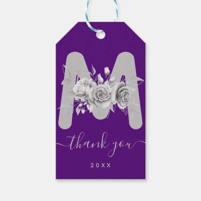 Silver Danke für die floral Watercolor Monogram Geschenkanhänger (Vorderseite)