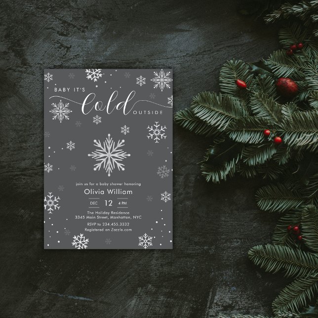 Silver Dark Grey Winter Snowflake Baby Shower  Einladung (Silver Dark Grey Winter Snowflake Baby Shower Invitation)
