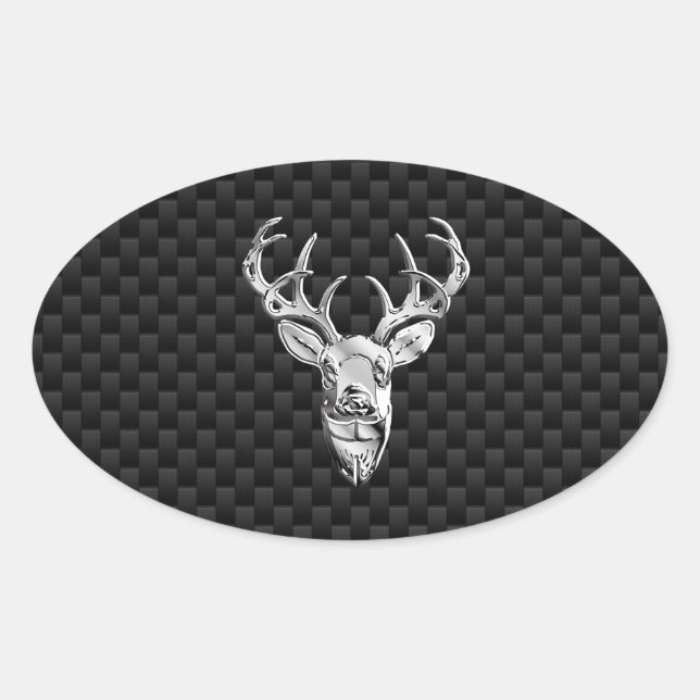 Silver Deer Face on Carbon Fibre Style Print Ovaler Aufkleber (Vorderseite)