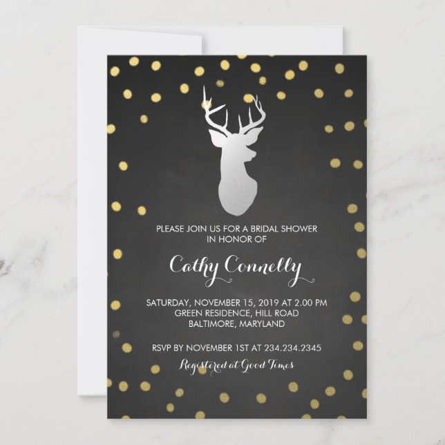 Silver Deer Gold Confetti Chalkboard Brautparty Einladung (Vorderseite)