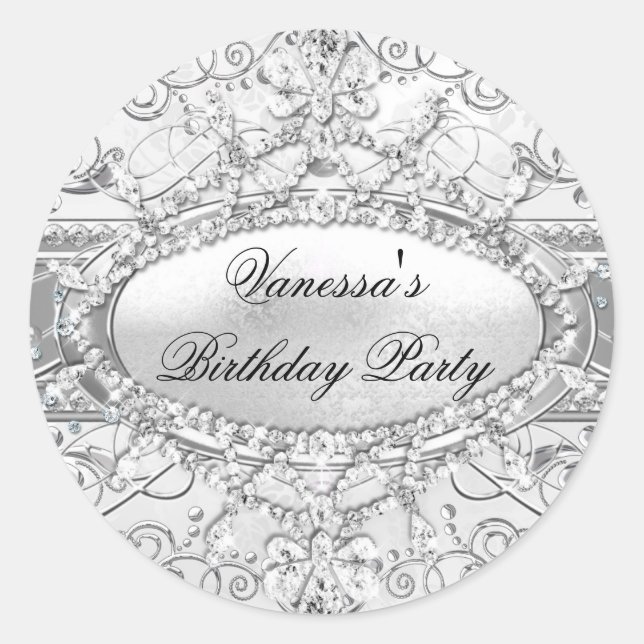Silver Diamond & Damask Geburtstagsticker Runder Aufkleber (Vorderseite)