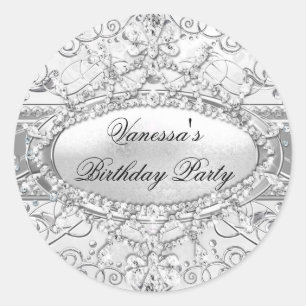 Silver Diamond & Damask Geburtstagsticker Runder Aufkleber