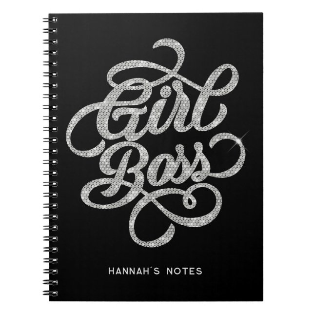 Silver Diamond Glam Girl Boss Typografie Black Notizblock (Vorderseite)