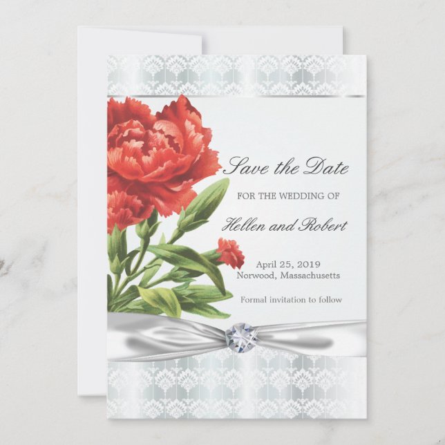 Silver Diamond & Red Blume Save the Date elegant (Vorderseite)