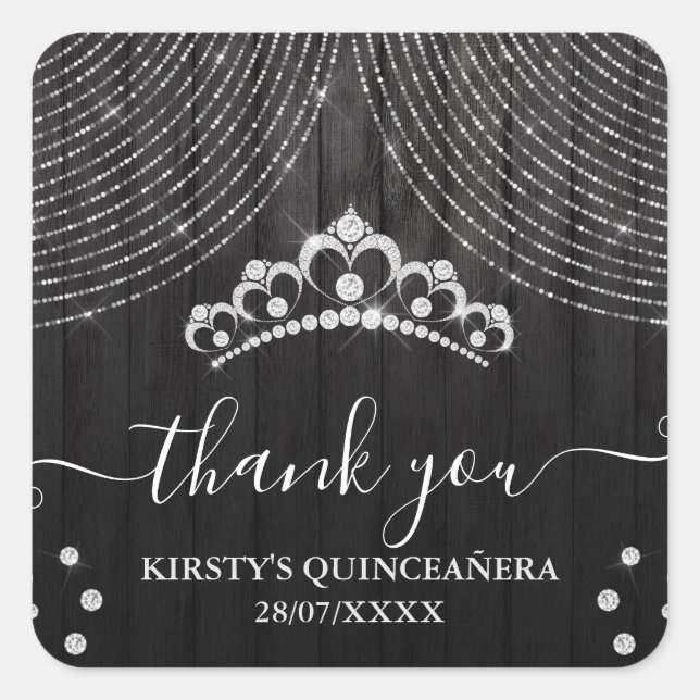 Silver Diamond Tiara auf Schwarzwald Quinceanera Quadratischer Aufkleber (Vorderseite)