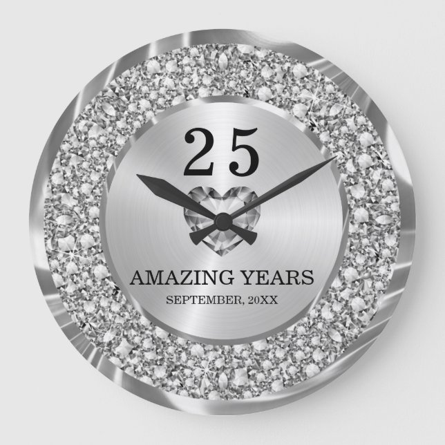 Silver Diamonds 25. Hochzeitstag Große Cl Wanduhr (Vorderseite)