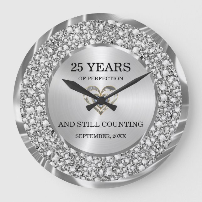 Silver Diamonds 25. Hochzeitstag Grosses Große Wanduhr (Vorderseite)