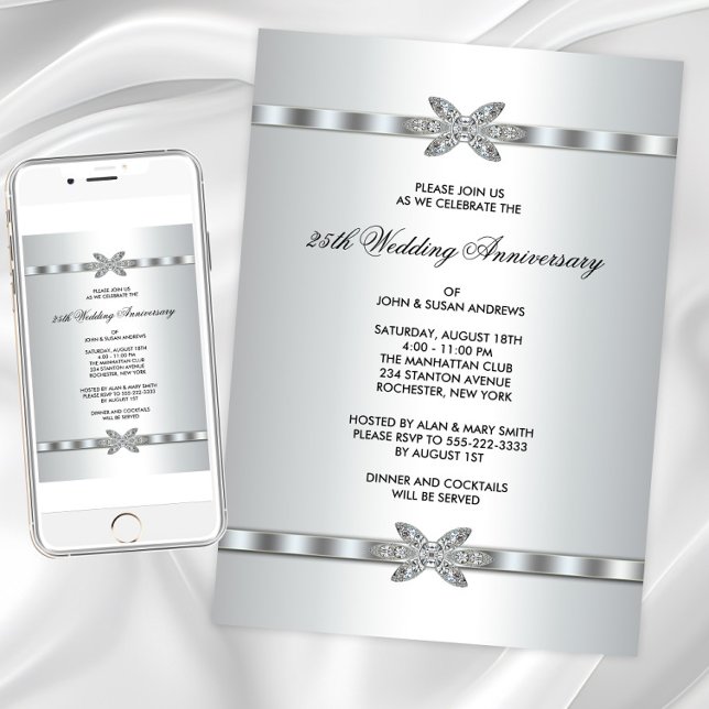 Silver Diamonds 25-jähriges Party Einladung (Silver diamond any event invitation. Instant download and printed invitations available.)