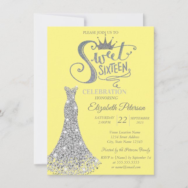 Silver Diamonds Dress, Diamonds Yellow Sweet 16 Einladung (Vorderseite)