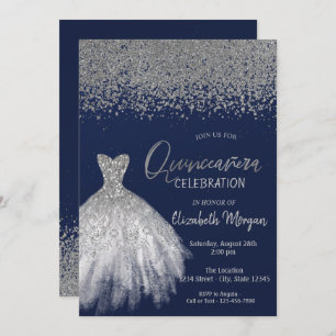 Silver Diamonds, Glitzer Dress Blue Quinceañera Einladung