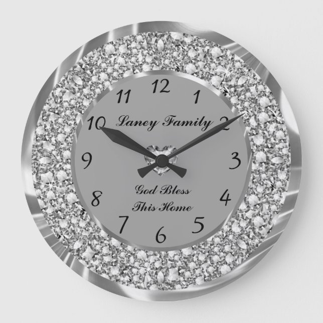 Silver Diamonds Heart 2 Large Clock Große Wanduhr (Vorderseite)