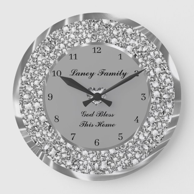 Silver Diamonds Heart Large Clock Große Wanduhr (Vorderseite)