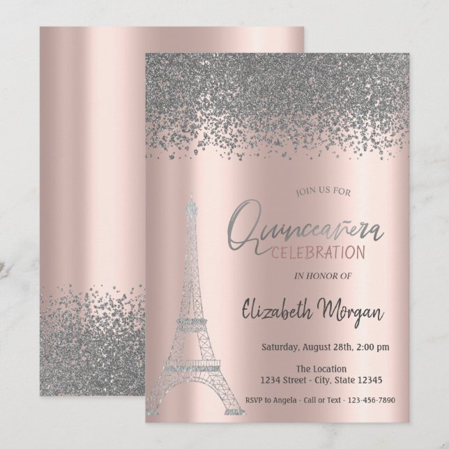 Silver Diamonds Rose Gold, Eiffelturm Quinceanera Einladung (Vorne/Hinten)
