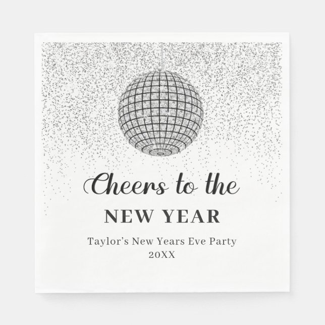 Silver Disco Ball Cheers Silvester Party Serviette (Vorderseite)