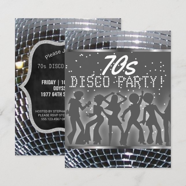 Silver Disco Ball Dance Party| Retro 70er Party Einladung (Vorne/Hinten)