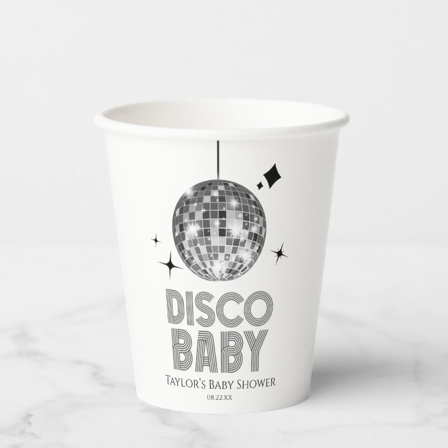 Silver Disco Ball "Disco Baby" Babydusche Pappbecher (Vorderseite)