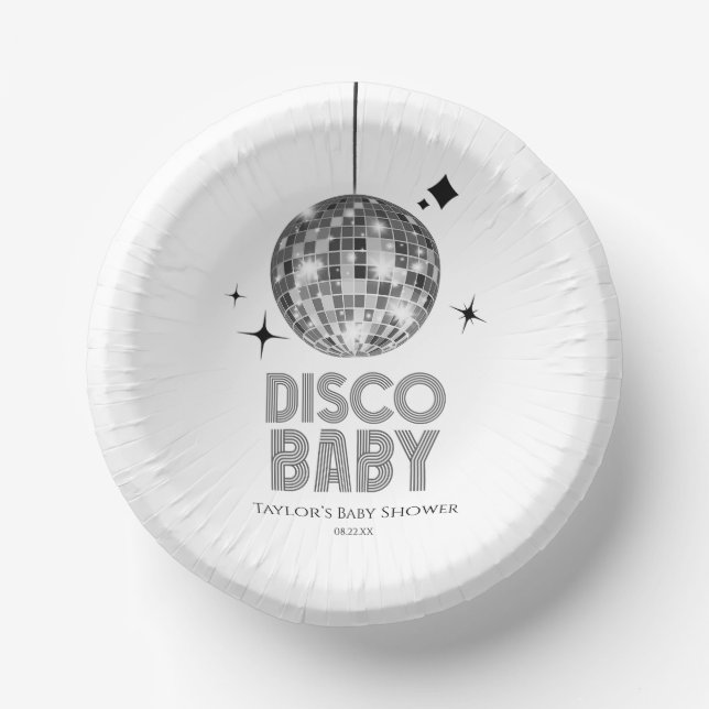 Silver Disco Ball "Disco Baby" Babydusche Pappteller (Vorderseite)