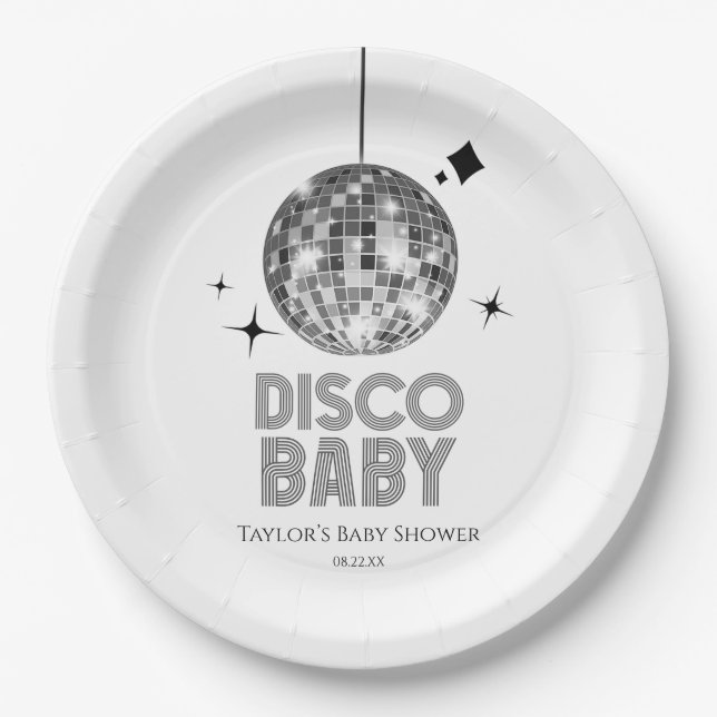 Silver Disco Ball "Disco Baby" Babydusche Pappteller (Vorderseite)