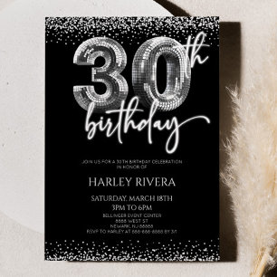 Silver Disco Ball Glitzer 30. Geburtstag Party Einladung