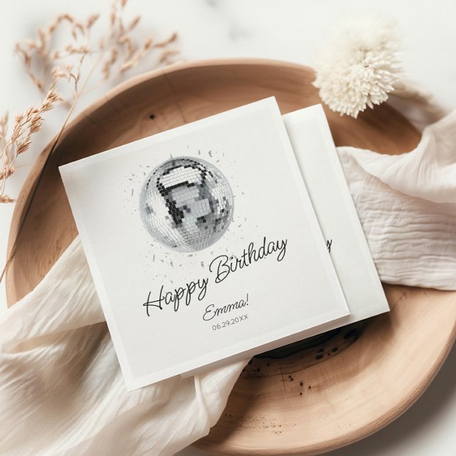Silver Disco Ball Happy Birthday Serviette (Silver Disco Ball Happy Birthday Napkins)