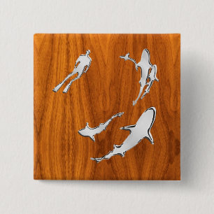 Silver Diver mit Haie auf Teak Veneer Stil Button