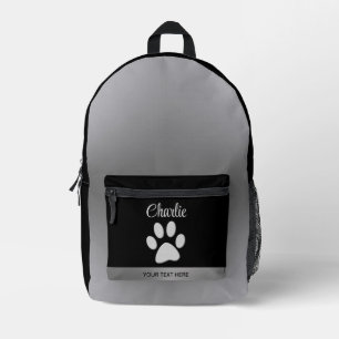 Silver Dog Paw auf schwarzem Hintergrund Bedruckter Rucksack