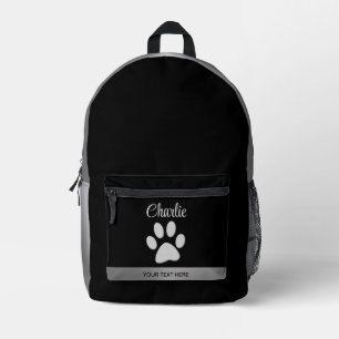 Silver Dog Paw auf schwarzem Hintergrund Bedruckter Rucksack