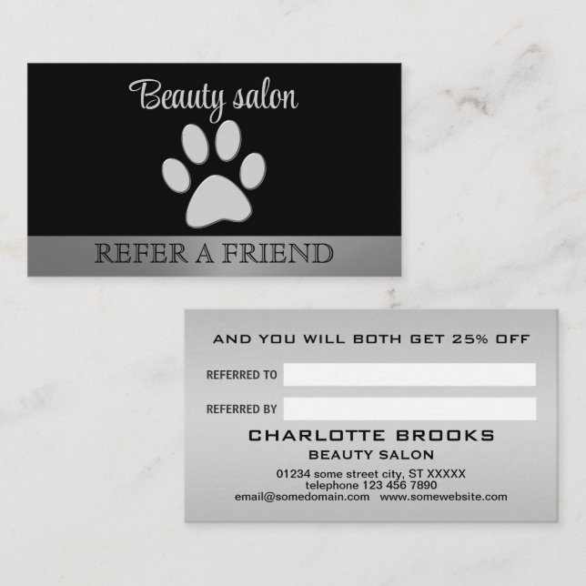 Silver Dog Paw auf schwarzem Hintergrund Empfehlungskarte (Vorne/Hinten)