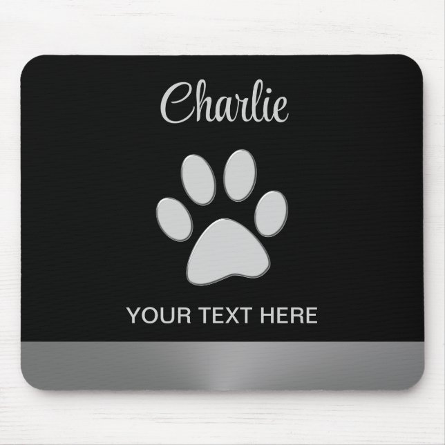 Silver Dog Paw auf schwarzem Hintergrund Mousepad (Vorne)